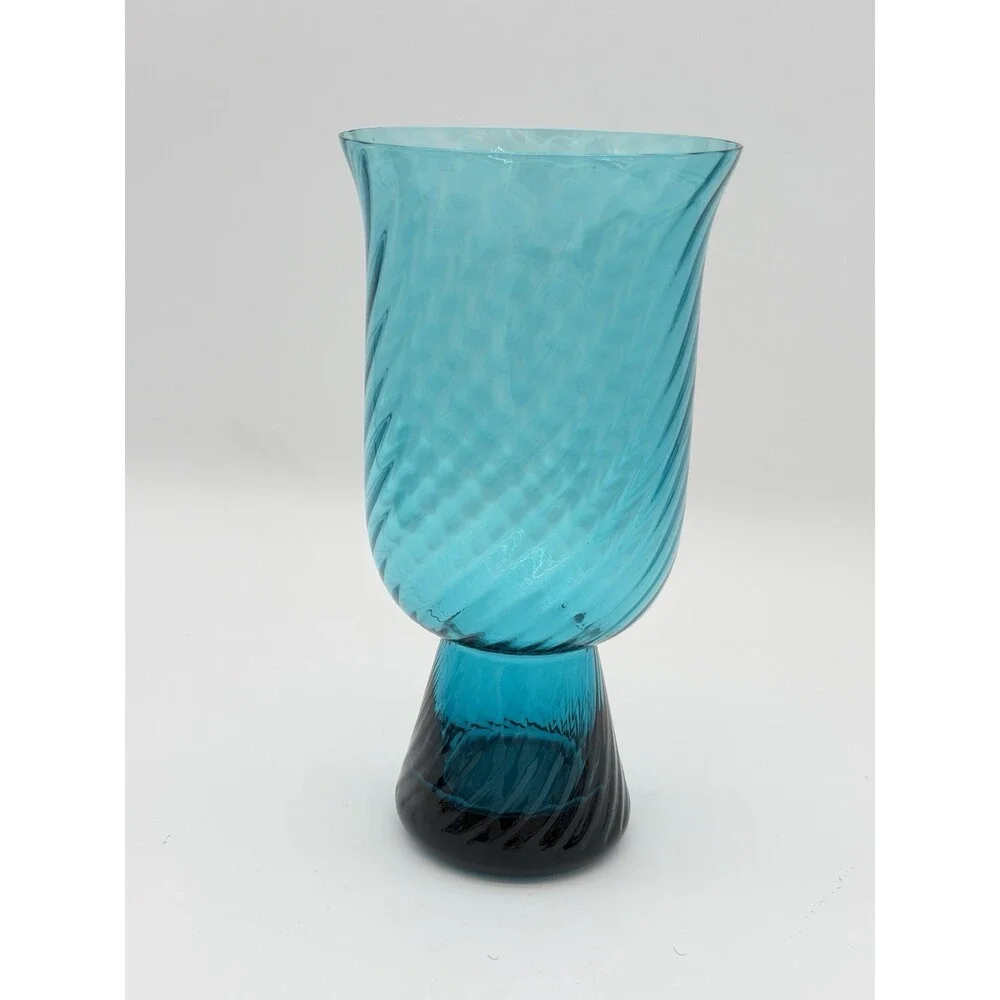 Empoli Italy Handblown Art Glass Diamond Optic Teal Pedestal Vase 8.5” Swirl